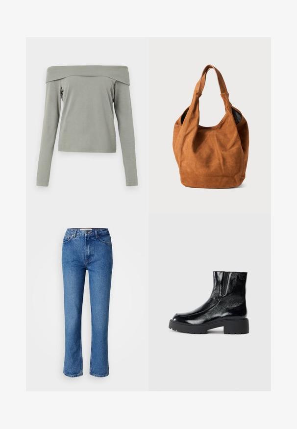 Bluzon z dolgimi rokavi v svetlo zeleni barvi, ki se nosi preko ramen. Mehka tekstura z udobnim krojem in minimalnimi šivi na robu in rokavih.; Modra traper hlače s ravnim krojem, ki vključujejo klasičen dizajn s petimi žepi, oranžnim šivanjem in zapiranjem na gumb.; Črne gležnarje z sijajnim patentiranim usnjem, debele črne gumijaste podplate in dvignjen petni del; vključujejo subtilen logotip na strani.; Rjava semiš torba za ramo z mehkobo, ukrivljeno obliko in dvema ročajema. Ima minimalen dizajn brez vidnih kovinskih delov ali okrasnih elementov.