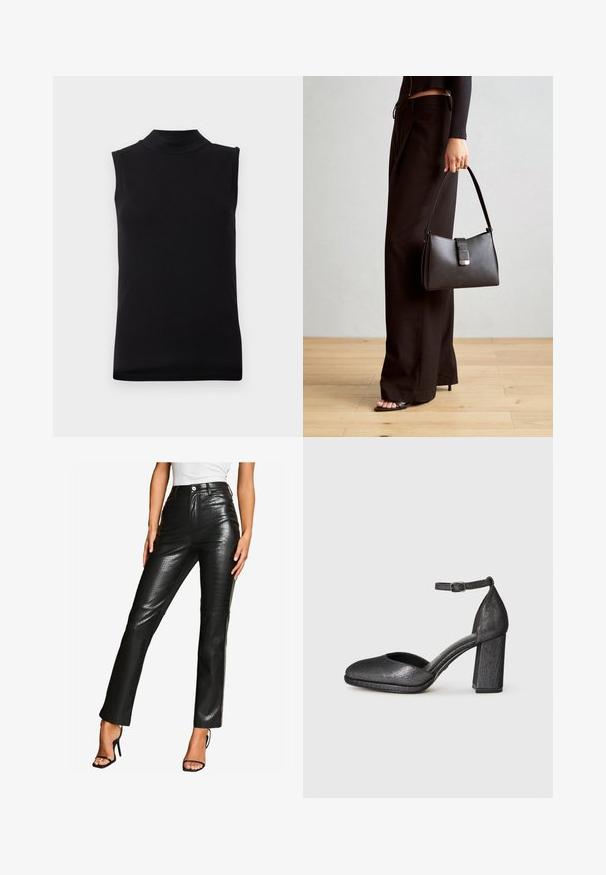 Top senza maniche nero con collo alto realizzato in un tessuto liscio ed elastico, esposto su uno sfondo bianco semplice.; Lipsy Pantaloni - black croc; Scarpa nera con tacco testurizzato, punta rotonda, cinturino alla caviglia e tacco a blocco. Il materiale ha una leggera lucentezza e una finitura liscia.; Borsa nera con forma strutturata, texture liscia e una chiusura metallica. Abbinata a pantaloni neri larghi e sandali open-toe su un pavimento in legno.