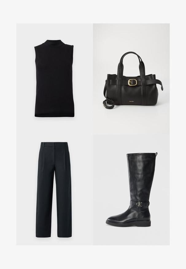 Svart ermeløs topp med høy hals laget av glatt, stretchmateriale, vist på en enkel hvit bakgrunn.; Svarte skreddersydde bukser med rett ben-design, som har frontfalder, en glatt tekstur og beltehemper. Ingen synlige lommer.; Svart lær høye støvler med lav hæl, rund tå og metallisk "CK" logo beltespenne rundt ankelen.; Svart lærveske med en strukturert design, doble topphåndtak, gullfarget spenneakent og preget merke-logo foran.