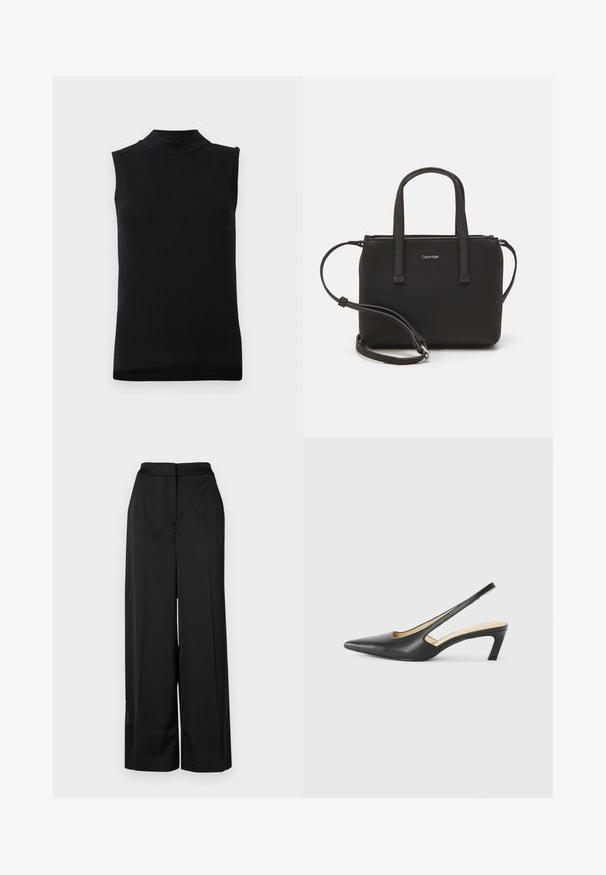 Black sleeveless top with high neckline made from smooth, stretchy fabric, displayed on plain white background.; Black wide-leg trousers made from smooth fabric, featuring a high waistband and clean, pleated front with a minimalist design.; Black pointy-toed slingback shoe with a low heel, featuring smooth leather material and cut-out design on the side for breathability.; Black handbag with dual short handles and a removable shoulder strap. Smooth leather-like material with a zip closure and logo detail.