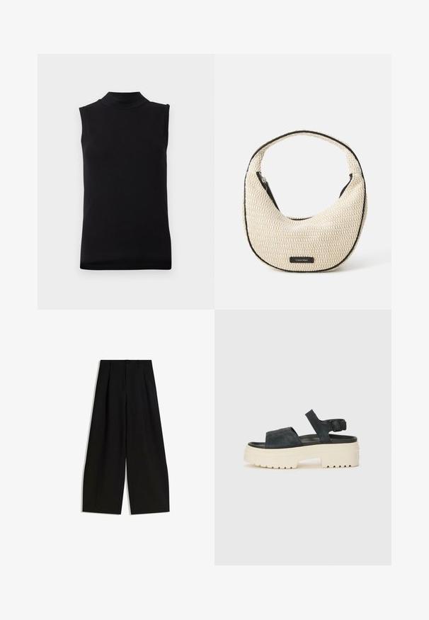 Top negru fără mâneci, cu guler înalt, confecționat dintr-un material neted și elastic, expus pe un fundal alb simplu.; Pantaloni negri cu croi larg, confecționați dintr-un material satinat, cu talie înaltă, pliseuri în față și fără embellishments sau modele vizibile.; Sandale cu platformă din suede negru, cu talpă albă voluminoasă, curea frontală lată și baretă reglabilă pentru glezna. Talpă texturată pentru aderență.; Geantă de umăr țesută bej, cu o formă curbată și detalii negre. Dispune de o închidere cu fermoar pe partea de sus și o etichetă cu logo pe față.