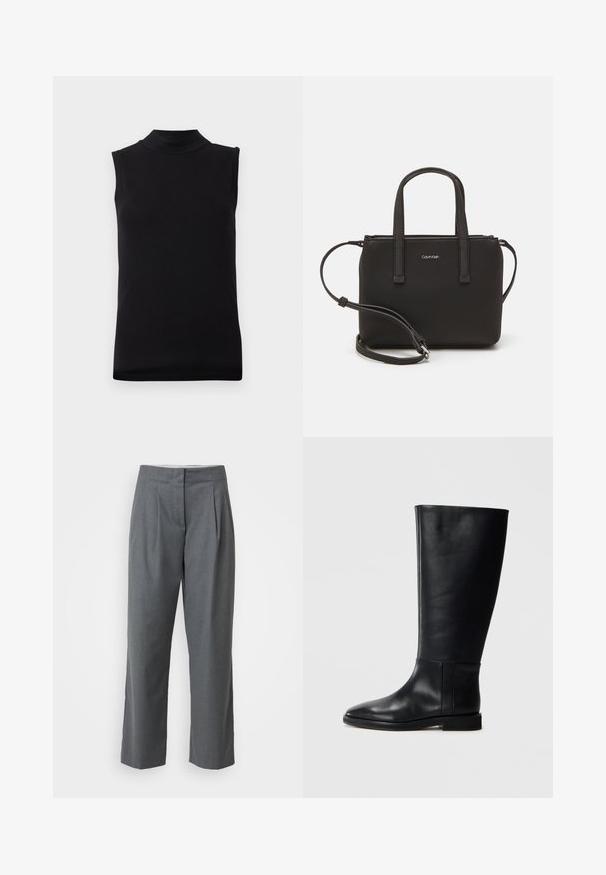 Black sleeveless top with high neckline made from smooth, stretchy fabric, displayed on plain white background.; Gray tailored trousers with a straight-leg cut, featuring a smooth texture, front pleats, and side pockets. No visible hardware or accents.; Black leather knee-high boot with a rounded toe, smooth texture, minimalistic design, and a flat sole. Simple seam details on the shaft.; Black handbag with dual short handles and a removable shoulder strap. Smooth leather-like material with a zip closure and logo detail.
