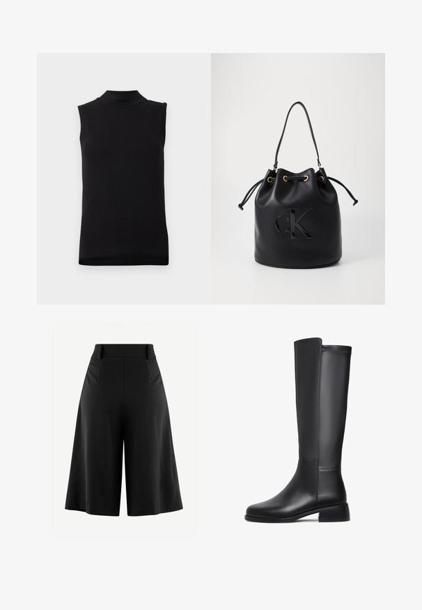 Černý top bez rukávů s vysokým výstřihem vyrobený z hladkého, elastického materiálu, vystavený na jednoduchém bílém pozadí.; Černé široké kalhoty s plisé vpředu, vysokým pasem a hladkou texturou látky. Vyznačují se čistým, minimalistickým designem bez viditelného kovového prvku.; Černá kožená vysoká bota s hladkým povrchem, zaoblenou špičkou, nízkým blokovým podpatkem a jemným prošíváním po straně.; Černá kožená kabela ve tvaru kyblíku s utažením na šňůru, s lesklým logem "CK" na přední straně a zlatými kovovými detaily.