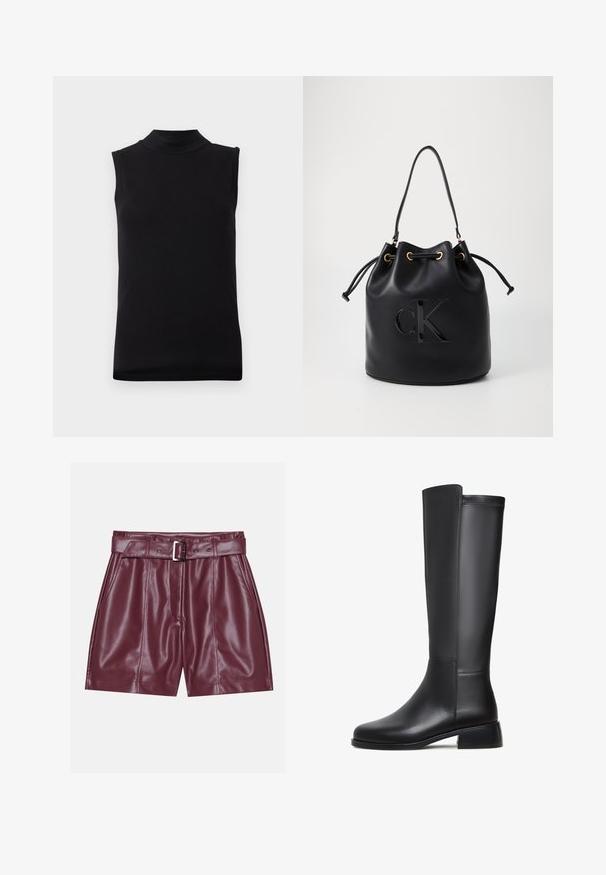 Top senza maniche nero con collo alto realizzato in un tessuto liscio ed elastico, esposto su uno sfondo bianco semplice.; Pantaloni corti in ecopelle borgogna con una cintura ampia, una cintura con fibbia argentata e pieghe frontali per una silhouette rilassata.; Stivale in pelle nera al ginocchio con texture liscia, punta rotonda, tacco basso a blocco e dettagli di cucitura sottile lungo il lato.; Borsa a secchiello in pelle nera con chiusura a cordoncino, caratterizzata da un logo "CK" lucido sulla parte anteriore e dettagli in hardware dorato.
