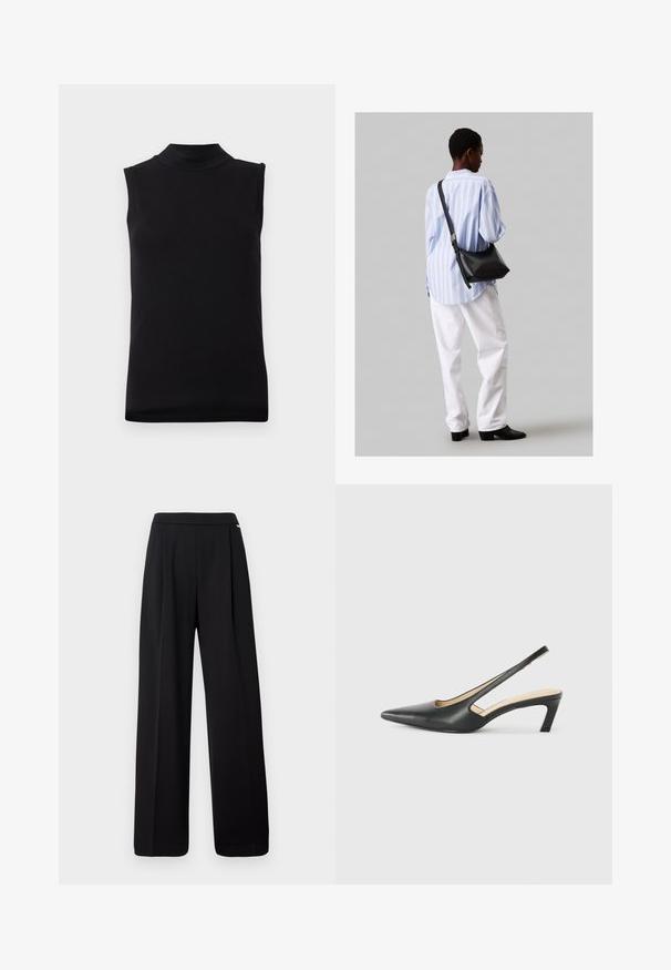 Musta hihaton paita, jossa on korkea kaula-aukko, valmistettu sileästä, joustavasta kankaasta, esiteltynä yksinkertaisella valkoisella taustalla.; Mustat leveät housut, jotka on valmistettu sileästä kankaasta, yksinkertaisella designilla ja joustavalla vyötäröllä, ilman näkyviä kuvioita tai yksityiskohtia.; Musta, kärjeltään terävä slingback-kengä, jossa on matala korko. Kengässä on sileä nahkamateriaali ja sivuilla leikkaukset hengittävyyttä varten.; Musta nahkainen olkalaukku, jossa on pehmeä rakenne, kolmion muoto ja säädettävä hihna, yhdistettynä vaaleansiniseen raidalliseen paitaan ja valkoisiin housuihin.