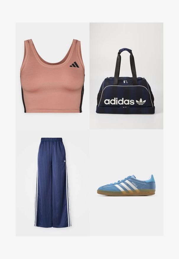 Sporta krūšturis no mīksta, rozā rozā auduma ar izgrieztu kakla daļu, melnām sānu svītrām un izsmalcinātiem logotipa akcentiem. Pielāgota forma ar gludu tekstūru.; Jūras zila platu kāju bikses ar vertikālām baltām svītrām, elastīgu jostu un trim baltām svītrām katrā pusē, izgatavotas no viegla materiāla.; adidas Originals GAZELLE INDOOR - Sporta apavi - footwear white; Jūras tumši zils sporta soma ar baltu Adidas logo, kas aprīkota ar rāvējslēdzēja augšdaļu, divām izturīgām melnām rokām un sānu acs kabatām. Gluda auduma faktūra.