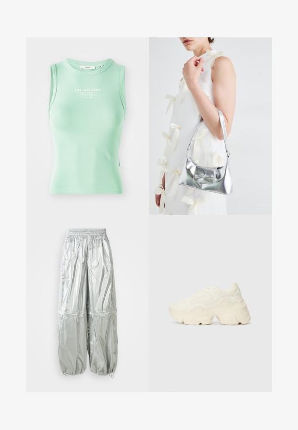 Myntgrønn ribbestrikket tanktop med rund utringning og uten ermer. Har hvit trykt logo tekst på fronten.; Sølv lette cargo-bukser med en skinnende tekstur, elastisk talje, rynkede manchetter og to store frontlommer.; Chunky hvite sneakers laget av teksturert mesh og syntetiske materialer, med en tykk såle og intrikate mønsterdetaljer langs sidene.; Sølvmetallisk håndveske med en strukturert form, med en topphåndtak og sløyfedetalj foran. Glatt tekstur, reflekterende overflate.