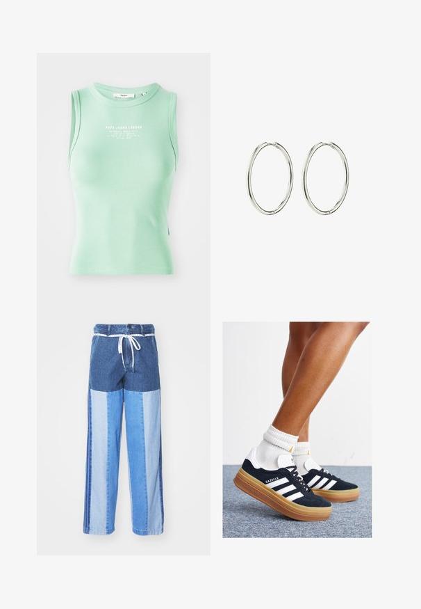 Mintroheline ribatud tank-top ümmarguse kaelusega ja ilma varrukateta disainiga. Esipinnal on valgete trükistega logo tekst.; Sinised teksapüksid, millel on erinevatest sinistest toonidest kokku õmmeldud mustriga, paelavöö ja laiad, sirged sääred.; Mustad seemisnahast tossud valgete triipude ja detailidega, ümarate varbassosadega, kummist välistallaga, paaritatud valgete soonikuliste meessokkidega.; Hõbedased rõngaskõrvarõngad, millel on sile ja poleeritud viimistlus. Ümmargune kuju, kerge disain, millel on turvaline sulgemismehhanism.