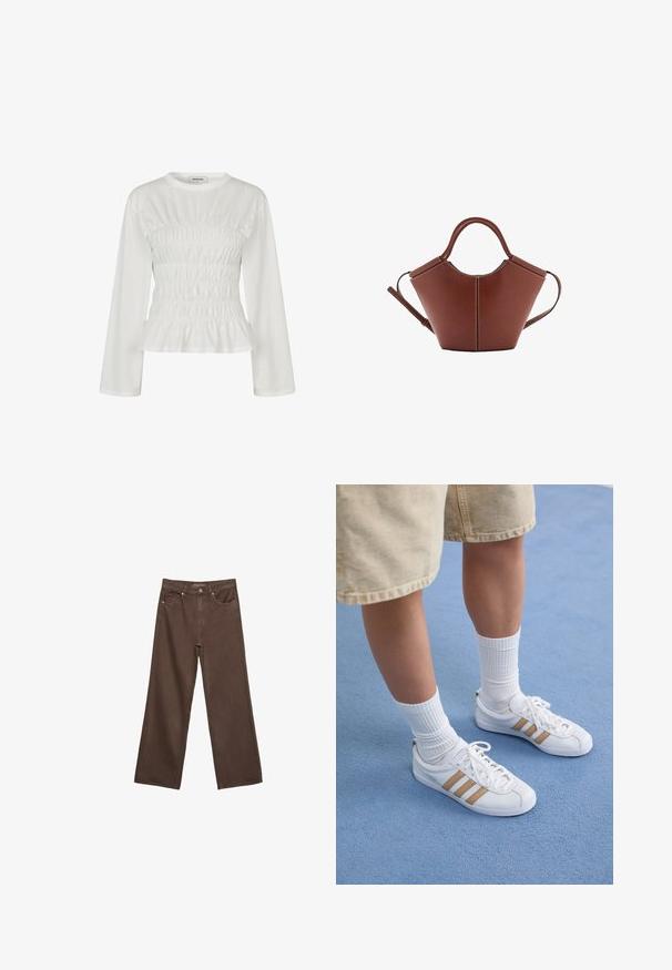 Hvid langærmet top med sammenpresset liv og flagrende kant. Lavet af blødt bomuldsstof med en glat tekstur og rund halsudskæring.; Bredde ben brun denim jeans med høj talje, forlommer og klassisk knaplukning. Glat tekstur med diskret syninger.; Hvide sneakers med tre gyldne striber, snørebåndsdesign, gummisål, båret med ribbede hvide sokker og beige shorts på en blå overflade.; Brun læderhåndtaske med en konisk form, robuste håndtag og kontrasterende hvid syning. Har en aftagelig skulderstrop for alsidighed.
