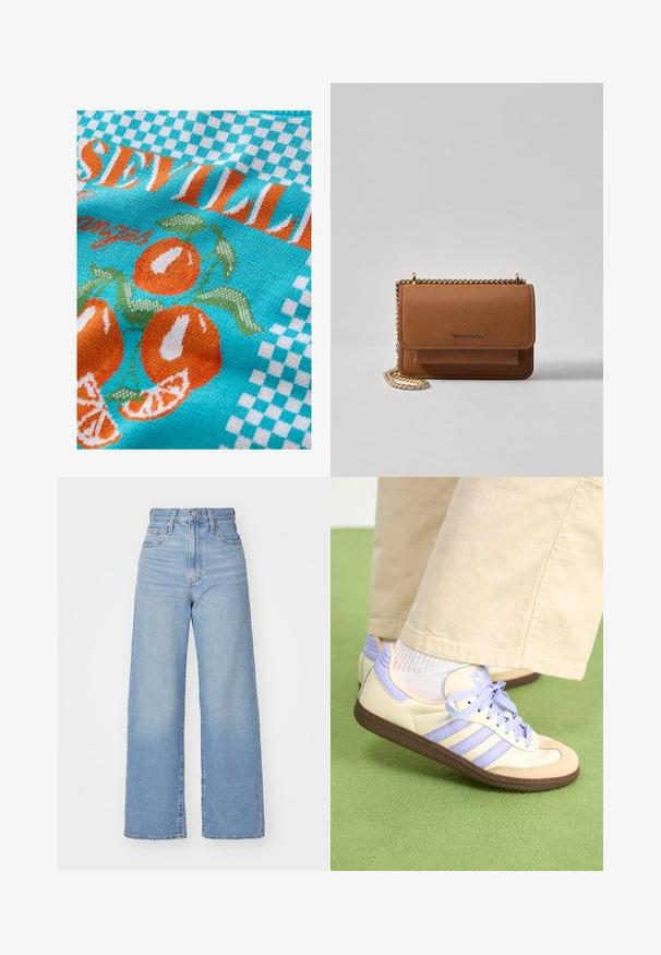 Türkiz színű kötött anyag narancssárga narancsokkal és zöld levelekkel, kockás mintával és "Sevilla" felirattal narancs- és fehér színben.; Világoskék, magas derekú, bő szárú farmernadrág, elülső gombbal és cipzárral, elülső és hátsó zsebekkel, fehér háttérrel.; Krém és levendula színű sportcipők három csíkkal és texturált barna talppal, fűzőkkel és párnázott sarokkal. Puha anyagú felsőrész.; Barna textúrájú bőr keresztbody táska arany lánc pánttal és fedélzárral. Az elején logó részlet és egy zseb található a fedél alatt.