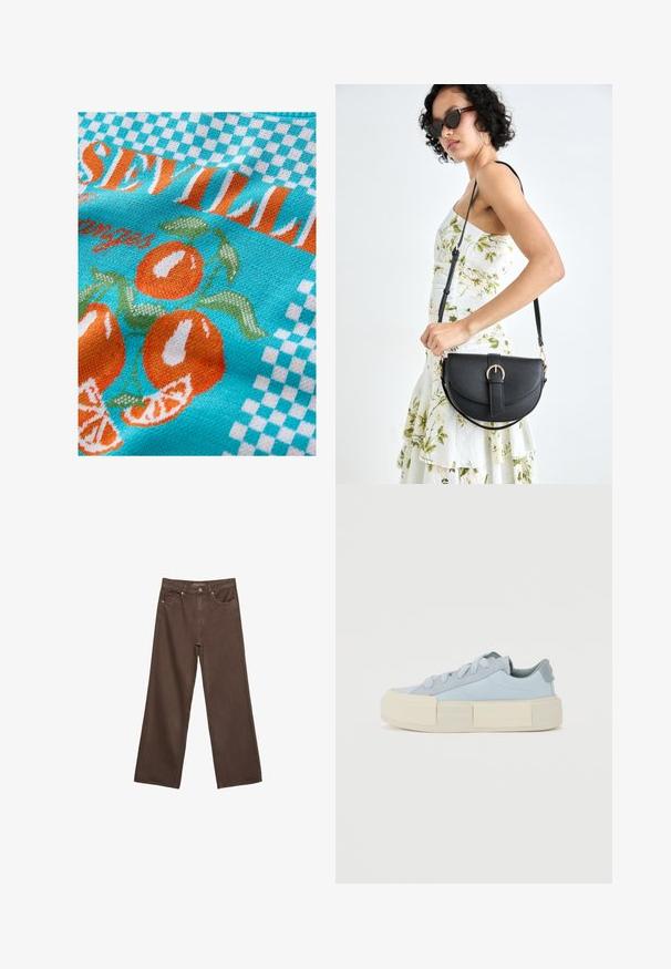 Knitted fabric in turquoise with orange oranges and green leaves, featuring a checkered pattern and "Seville" text in orange and white.; Wide-leg brown jeans made of denim, featuring a high waist, front pockets, and a classic button closure. Smooth texture with subtle stitching.; Light blue canvas sneakers with a thick cream-colored rubber sole, featuring round laces, and a smooth textured design with small accents.; Black leather handbag with a curved shape, detachable strap, and gold hardware. The bag features a flap with a buckle detail.