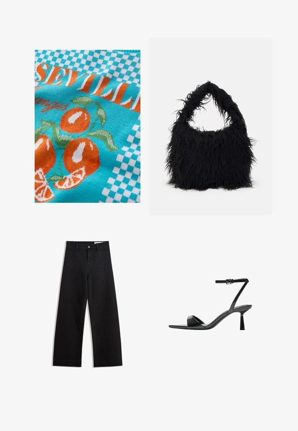 Gestrickter Stoff in Türkis mit orangefarbenen Orangen und grünen Blättern, versehen mit einem karierter Muster und dem Text "Sevilla" in Orange und Weiß.; Schwarze weit geschnittene Jeans mit hoher Taille, ausgestattet mit Vorder- und Hintertaschen, gesteppten Nähten und einem Knopfverschluss. Glatte Textur.; Bershka High Heel Sandalette - black; Even&Odd Shopping Bag - black