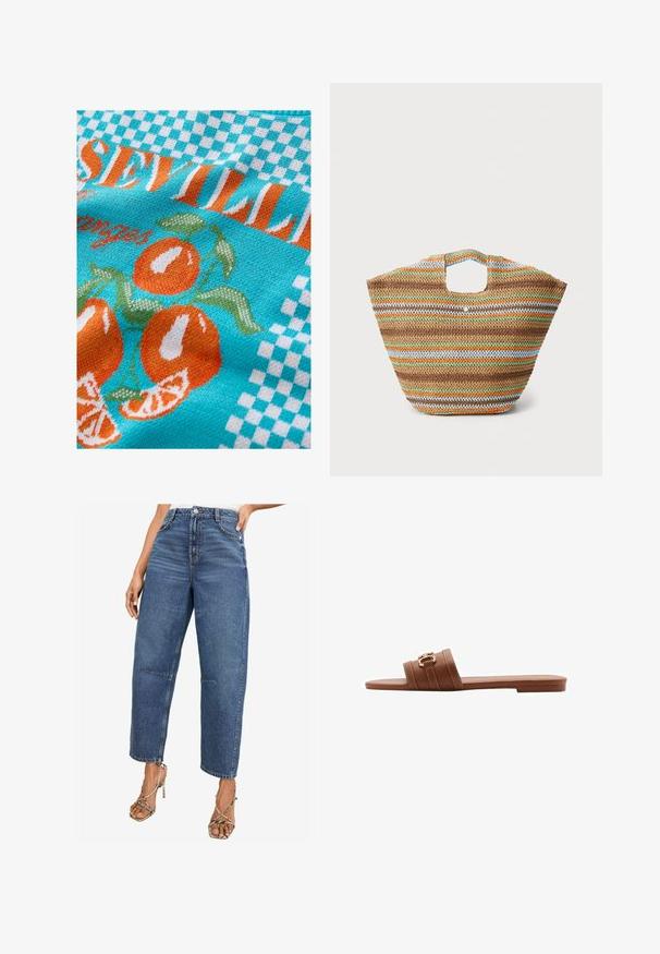 Pletená látka v tyrkysovej farbe s oranžovými pomarančmi a zelenými listami, so šachovnicovým vzorom a textom "Sevilla" v oranžovej a bielej farbe.; Džíny s vysokým pásom a rovnými nohavicami v stredne modrej farbe. Obsahujú klasický dizajn s piatimi vreckami a jemné prešívanie.; Hnedé kožené šľapky s dvoma širokými popruhmi, zdobené dekoratívnym prešívaním a zlatým sponou. Plochý dizajn podrážky.; Tkaná slamená taška s viacfarebnými pruhmi v hnedej, zelenej, oranžovej a modrej farbe. Má plochý tvar a dve otvory na ruky. Ľahká konštrukcia.