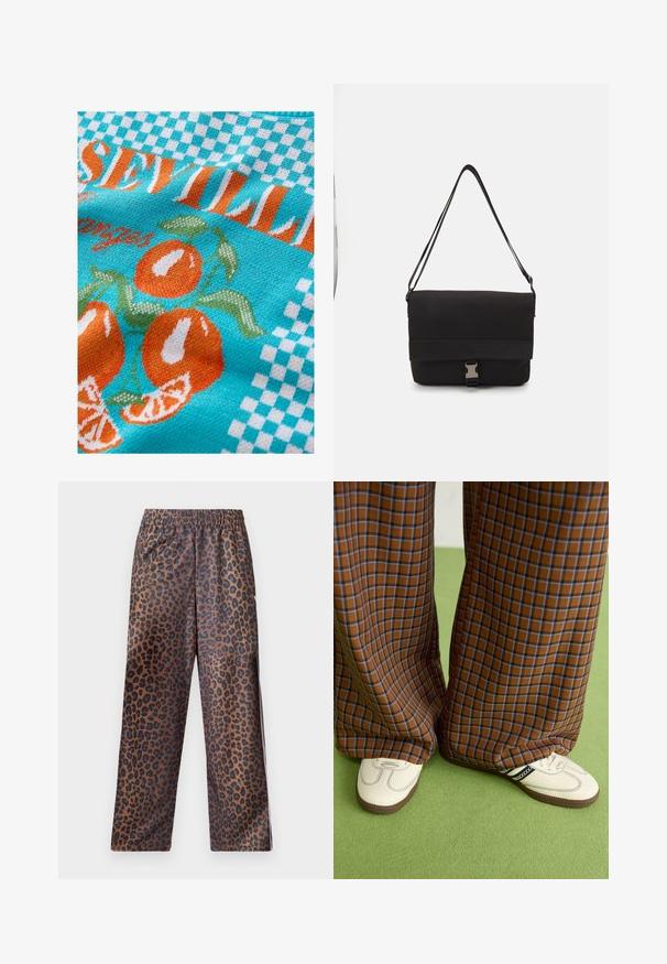 Strikket stof i turkis med orange appelsiner og grønne blade, der har etternet mønster og teksten "Sevilla" i orange og hvid.; Løvepletterede bukser med elastisk talje. Lavet af et skinnende stof, med en brun bund og sorte pletter samt en løs pasform.; Brune og blå ternede brede benbukser parret med hvide sko med sorte accenter og strukturerede såler, sat mod en grøn baggrund.; Sort messenger taske lavet af glat materiale, med en fold-over klap, sølvfarvet lukning og et justerbart skulderrem.