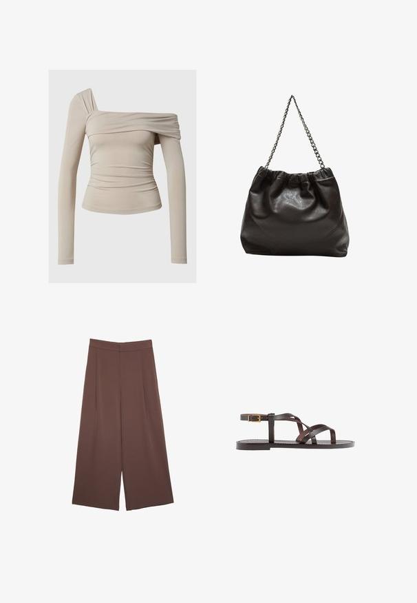 Bež majica dolgih rokavov z dizajnom brez ramen, ki ima nabrano teksturo in prilegajoč silhueto. Gladek, raztegljiv material.; Rjave široke hlače z gladko teksturo, ki imajo visok pas in sprednje naborke. Tkanina je lahka in prosto pada.; Rjav usnjen sandal z načinom prečnega črta, zaklepom okoli gležnja in ravnim podplatom z minimalnimi šivi.; Rjava usnjena torba z nabranim vrhom in verižnim trakom. Gladka tekstura z sijajno površino in subtilnimi šivi na straneh.