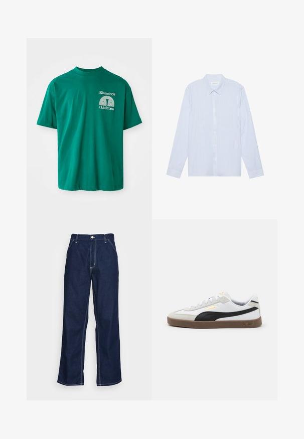 Žalias medvilninis marškinėliai su apvaliu kaklu. Kairėje krūtinės pusėje yra baltas grafikas su užrašu „Ellesse 1959 Club di Corsa“. ; Šviesiai mėlynas dryžuotas ilgomis rankovėmis marškinis su mygtukais. Yra tradicinis apykaklė, balti mygtukai ir lygus medvilnės mišinio audinys.; Tamsiai mėlynos džinsinės kelnės su plačiomis kojomis, turinčios aukštą juosmenį, priekiniais kišenėmis ir kontrastinga balta siūle palei siūles.; Baltos odinės sportinės bateliai su juodais zomšos akcentais, apvaliu pirštu, plokščiu ruduo guminis padu ir iškilmingu auksiniu logotipu šone. Su raišteliais ir paminkštintu apvadu.