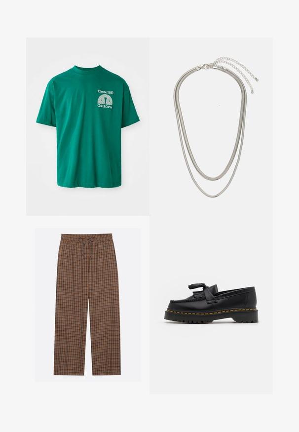 Green cotton T-shirt with a round neckline. Features a graphic print in white reading "Ellesse 1959 Club di Corsa" on the left chest.; Brown checkered pants with elastic waistband and drawstring. The pattern features blue and dark brown squares, lightweight fabric, wide-leg design.; Black leather loafer with a tasseled accent, featuring a chunky black sole and yellow stitching along the edge. Textured finish.; Three-layered silver metal necklace featuring sleek, flexible chains with a slight sheen, secured with a lobster clasp and adjustable chain.