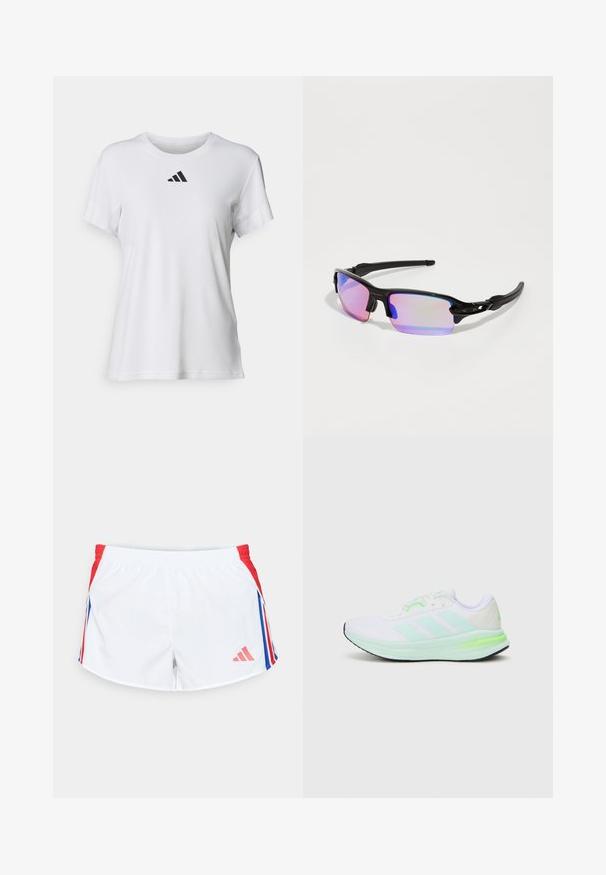 Hvit atletisk t-skjorte laget av glatt stoff, med korte ermer, rund hals, og en svart tre-stripe logo på brystet.; Hvite sportsshortser med røde sidepaneler og blå striper. Elastisk livlinning og logo på nedre venstre side. Glatt stofftekstur.; Hvit treningstype sko med mesh-overdel, limegrønne detaljer og svart såle. Har tre striper-design på siden og polstret krage.; Svarte sporty solbriller med blank overflate, purpurfargede speilglass, og buede sorte stenger. Har logo på rammen.