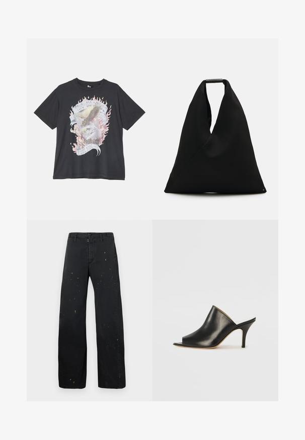 The Kooples Print T-shirt - black washed; MM6 Maison Margiela PANTS - Relaxed fit jeans - black; Black leather open-toe mule with a sleek, curved design, high stiletto heel, and smooth texture. The interior features a contrasting light color.; Black fabric tote bag with a unique V-shape design and a smooth texture. Features a short handle with minimalistic hardware detail.