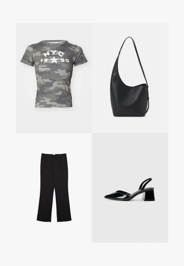 BDG Urban Outfitters NYC 1990 APPLIQUE TEE - Potiskana majica - camo; Črne hlače ravnega kroja z naglavnimi žepi in stranskimi razporki na robu. Narejene iz mehke, gladke tkanine. Primerne za različne priložnosti.; Črne lakirane slingback pete s koničastim nosom in geometrijsko blokasto peto. Imajo eleganten, minimalističen dizajn in gladko teksturo.; Črna usnjena hobo torba z gladko teksturo, ukrivljeno obliko in eno nastavljivo naramnico; ima širok odprtina na vrhu.