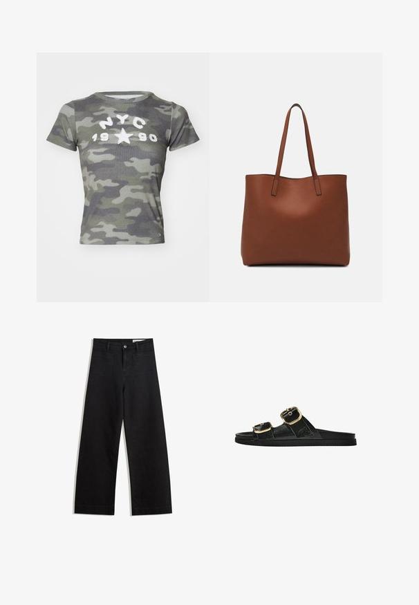 BDG Urban Outfitters NYC 1990 APPLIQUE TEE - Potiskana majica - camo; Črne široke denim hlače z visokim pasom, ki imajo sprednje in zadnje žepe, šivane šive ter gumbasto zapiranje. Gladka tekstura.; Črne drsne sandale z dvema zlatima zaponkama, gladkega materiala, ravnim podplatom in minimalističnim dizajnom.; Rjava usnjena torba z gladko teksturo, odprto zasnovo zgoraj in dvema naramnima trakovoma. Opremljena je z minimalnim šivanjem in brez vidnih kovinskih delov.