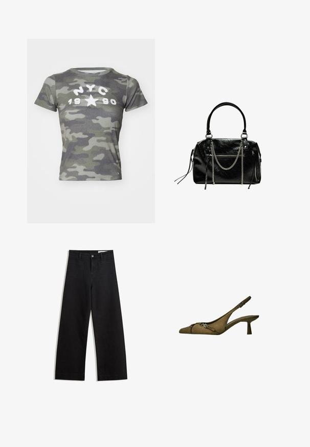 BDG Urban Outfitters NYC 1990 APPLIQUE TEE - Print T-shirt - camo; Black wide-leg denim pants with a high waist, featuring front and back pockets, stitched seams, and a button closure. Smooth texture.; Olive green suede slingback heel with pointed toe, adjustable strap, and silver buckle detail; low, flared heel for stability.; Bershka WITH CHAIN - Handbag - black