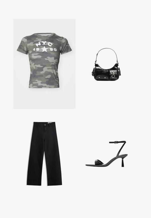 BDG Urban Outfitters NYC 1990 APPLIQUE TEE - Triko s potiskem - camo; Černé denimové kalhoty s volným střihem a vysokým pasem, vybavené předními a zadními kapsami, prošívanými švy a knoflíkovým zapínáním. Hladká textura.; Bershka Sandály na vysokém podpatku - black; Černá lakovaná kožená kabelka s křivkovým tvarem, jedním ramenním popruhem, předními kapsami a stříbrnými kovovými detaily.