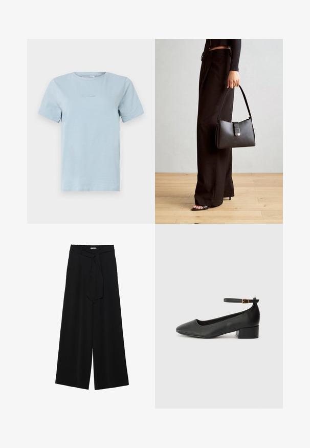 Gaiši zils īsām piedurknēm T-krekls no mīksta kokvilnas, ar apaļu kakla izgriezumu un minimālistisku logo tekstu centrā. Gluda tekstūra, parasta piegriezuma.; Melni platleņķa bikses ar teksturētu audumu, elastīgu jostu un noņemamu siksnu viduklī, kas nodrošina regulējamu piegulšanu.; Melnas ādas sūkņi ar smailu purngalu un zemu bloku papēdi. Iezīmēts ar potītes siksniņu ar zelta krāsas sprādzi. Gluda tekstūra.; Melnā somiņa ar strukturētu formu, gludu tekstūru un metālu sprādzi. Saskaņota ar platām melnām biksēm un sandālēm ar atvērtu purngalu uz koka grīdas.