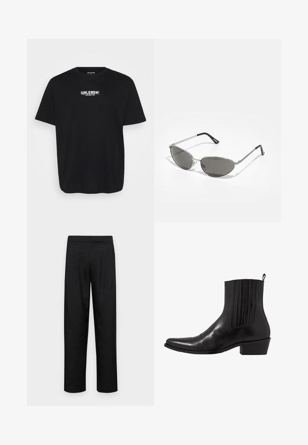 Sort bomulds T-shirt med rund hals, korte ærmer og hvid tekstdesign på forsiden, der står "FRIGØR DIN INDRE TIGER."; Sorte bukser lavet af glat stof, med et lige ben-design, to frontfolder og en standard talje med bæltestropper.; Sort læder ankelstøvle med spids tå, elastiske sidepaneler, lodrette stikninger og en lav blokhæl.; Solsikker med en slank, sølvmetalramme, gråtonede linser og et aerodynamisk design med spidse kanter og tynde arme.