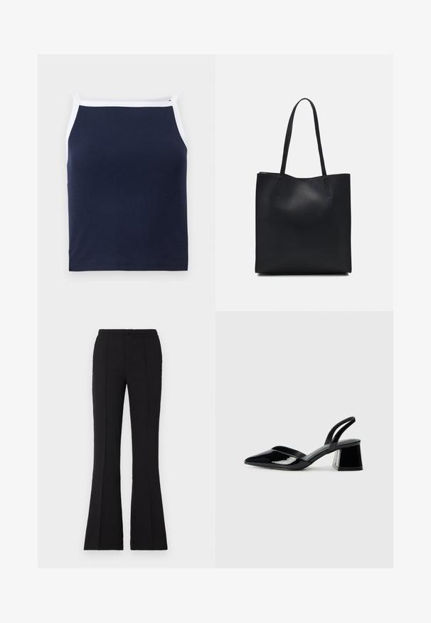 Navy ribbed tank top with white trim, featuring a rounded neckline and slim straps. Made from a soft cotton blend for comfort.; Black flared pants made of smooth fabric, featuring a fitted waist, front seam details, and a slight flare starting from the knee.; Black patent leather slingback heels with a pointed toe and a geometric block heel. Features a sleek, minimal design and smooth texture.; Black leather tote bag with smooth texture, rectangular shape, and two long handles. No visible hardware or embellishments.