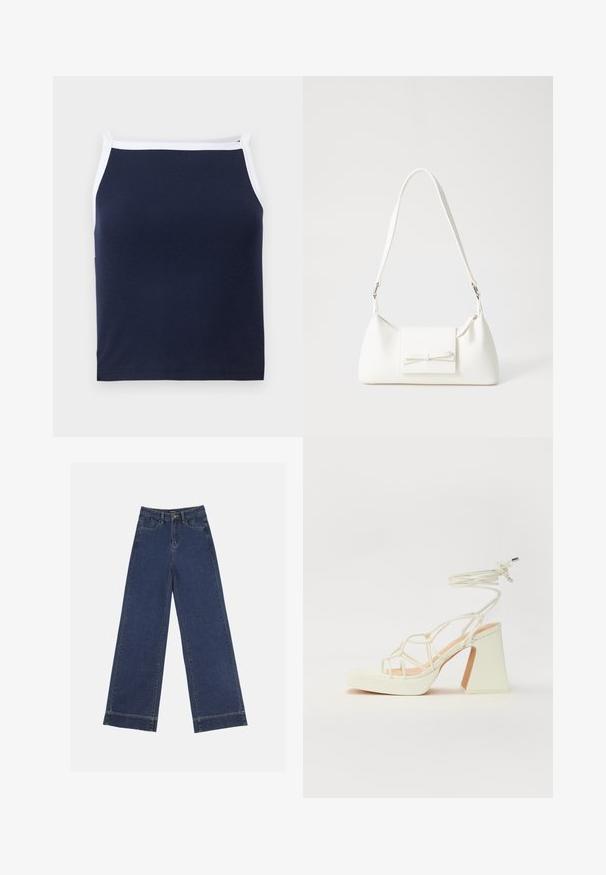 Débardeur à côtes bleu marine avec bord blanc, doté d'un col rond et de bretelles fines. Fabriqué en mélange de coton doux pour le confort.; Jeans à jambes larges en denim bleu foncé. Comprend cinq poches, des passants de ceinture et un ourlet brut en bas avec des détails de couture visibles.; Sandale blanche à talons hauts avec un talon épais, présentant un design à lanières et un lien autour de la cheville. Texture lisse avec une plateforme à l'avant pour une hauteur supplémentaire.; Sac à main synthétique blanc en forme triangulaire, avec un rabat avant plat et un détail en nœud, une bandoulière ajustable, une texture lisse et un design minimaliste.