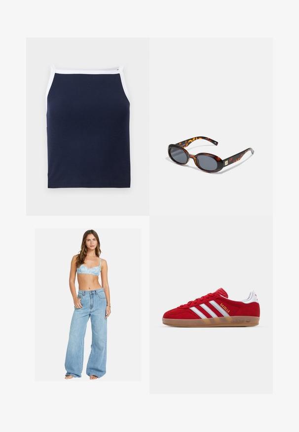 Marineblaues Rippunterhemd mit weißen Akzenten, mit rundem Halsausschnitt und schmalen Trägern. Hergestellt aus einer weichen Baumwollmischung für höchsten Tragekomfort.; Hellblauer Büstenhalter mit Blumenmuster kombiniert mit lässigen, weit geschnittenen, hellblauen Jeans. Bequeme Passform mit entspannter Silhouette und klassischem Knopfverschluss.; Rote Wildleder-Sneaker mit weißem Dreistreifen-Design und goldenem "Gazelle"-Schriftzug. Besitzt eine Gummisohle und eine strukturierte Ferse.; Braune Schildpatt-Sonnenbrille mit ovalen Gläsern und dunkelgrauem Verlauf. Mit einem goldfarbenen Akzent an den Bügeln. Glatte Kunststoffoberfläche.