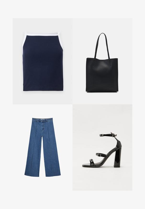 Canotta a coste blu navy con bordi bianchi, con scollatura rotonda e spalline sottili. Realizzata in morbido misto cotone per garantire comfort.; Jeans in denim a gamba larga di blu medio, con vita alta, chiusura con bottone e dettagli delle cuciture verticali a contrasto lungo la parte anteriore.; Sandali con tacco in vernice nera, con punta squadrata, cinturini alla caviglia e fibbie in argento. Presentano un tacco a blocco spesso per maggiore stabilità.; Borsa tote in pelle nera con texture liscia, forma rettangolare e due manici lunghi. Nessun hardware o decorazione visibile.