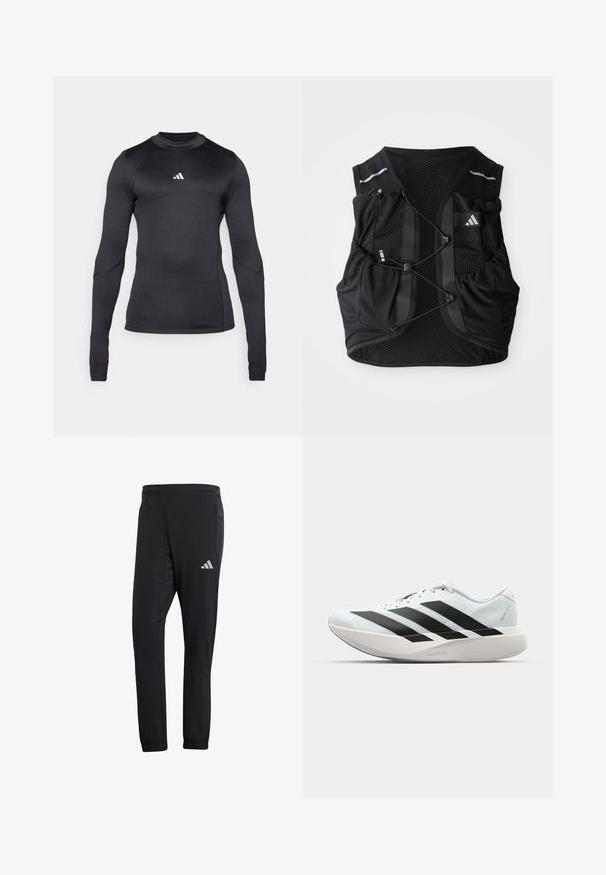 Pitkähihaisessa urheilupaidassa, mustana, on kapea malli, pyöreä pääntie ja valkoinen Adidas-logo rinnassa. Sileä, joustava kangas.; Mustat urheiluhousut kapenevalla istuvuudella, valmistettu sileästä kankaasta. Sisältää sivutaskut ja heijastavan logon vasemmassa reidessä.; Kevyt juoksukengät vaaleansinisinä mustilla raidoilla. Ominaisuuksiin kuuluu sileä pinta, pyöreä kärki ja paksu valkoinen välipohja, joka on merkitty "LIGHTSTRIKE PRO".; Mustaa hengittävää verkkomateriaalia oleva juoksuliivi, jossa on säädettävät etu narut, useita taskuja ja pieni logo oikeassa ylärinnassa.