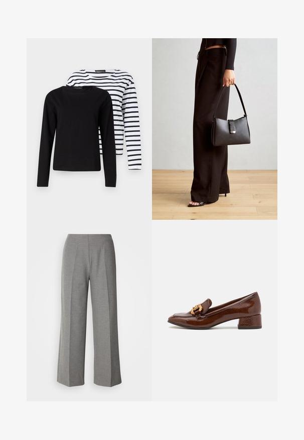 Kaks pikka varrukat särki: üks ühtlane must ja teine valge mustade horisontaalsete triipudega, valmistatud pehmest puuvillakangast. Sildid küljes.; Hallid hallid laiad püksid siledast materjalist, millel on sirge eesmine osa ja teravad voldid igal jalal.; Pruunid nahast loafersid läikiva viimistlusega, esiosal dekoratiivne kuldne pannal ja madal plokk konts. Klassikaline disain.; Must musta kott, millel on struktureeritud kuju, sile tekstuur ja metallist klamber. Kombineeritud laiate mustade pükstega ja avatud varvaste sandaalidega puidust põrandal.