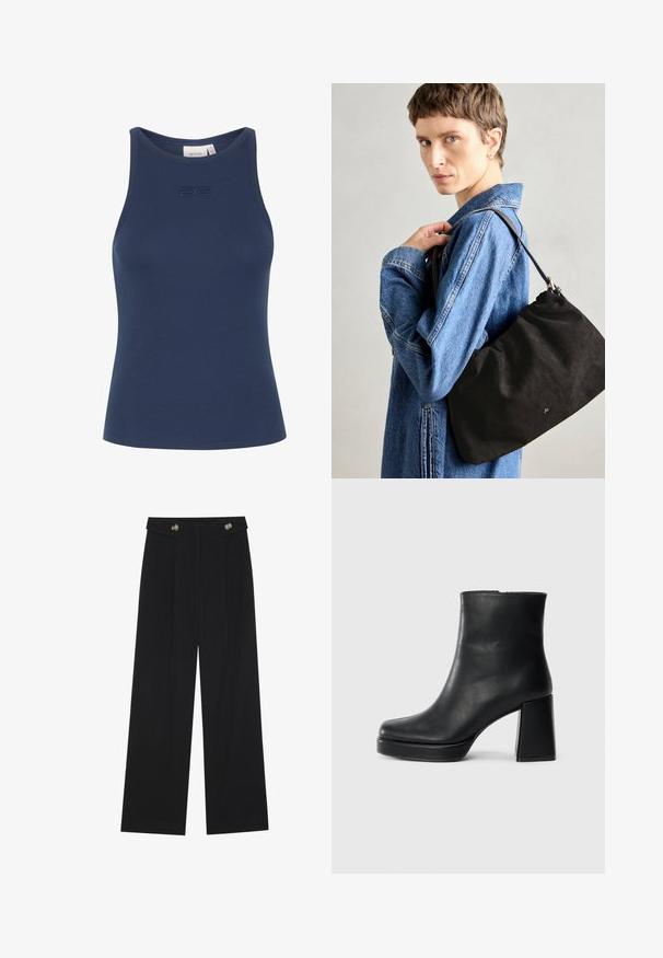 Tett navy blå tanktopp laget av ribbet stoff, med rund halslinning og en subtil brodert logo på brystet.; Svart vide bukser med høy midje, knappdetaljer på midjebåndet og frontplisser.; Sorte skinnankelsko med blokkhæl og plattformsåle, sett fra siden på en enkel hvit bakgrunn.; Svart semsket lærveske med en myk, strukturert form, med en slank lærreim og subtilt merke-logo. Modellen har på seg en denimjakke.