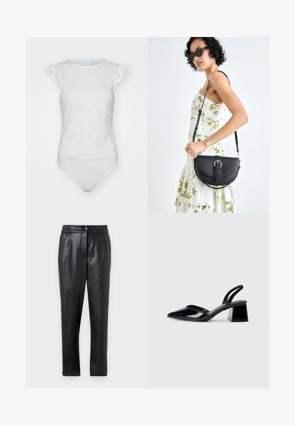 Baltas bodis su nėrinių gėlių raštu, trumpomis volanėlėmis ir prigludusia apatine dalimi su lygiu tekstūru.; Juodos odinės kelnės su lygiu paviršiumi, tiesiu siluetu, elastinga juosta ir priekyje uždaroma mygtuku; raukiniai ir siaurėjantys kelnių šlaunys.; Juodos lakuotos odinės šlepetės su smailiu pirštu ir geometriniu bloko kulnu. Turi elegantišką, minimalistinį dizainą ir lygų paviršių.; Juodas odinis krepšys su išlenkta forma, nuimamu dirželiu ir auksiniais detalėmis. Krepšys turi kilpą su sagtimi.