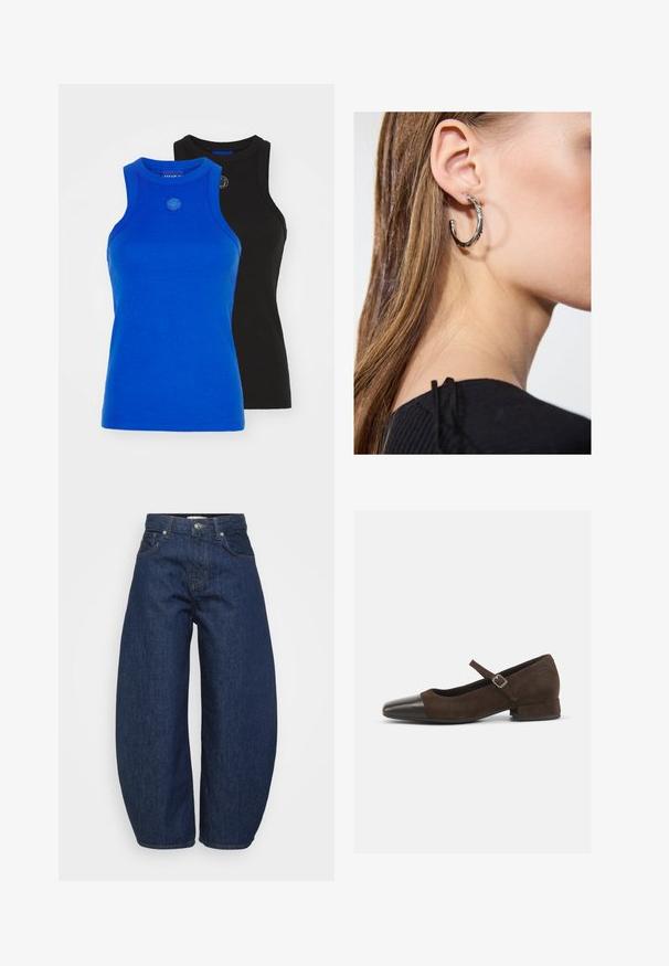 HUGO GIFT GIVING 2 PACK - Top - blue/black; Jeans de mezclilla oscuros de tiro alto con piernas anchas, cierre frontal con botón y cremallera, y diseño clásico de cinco bolsillos.; Zapato Mary Jane de ante marrón con una puntera de charol negro, correa ajustable y un tacón bajo. Textura suave con acentos mínimos.; Pendiente de aro de plata con un acabado pulido, que presenta pequeños detalles en dorado y una forma redonda, llevado en el lóbulo.