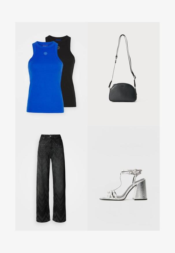 HUGO GIFT GIVING 2 PACK - Toppi - blue/black; Mustat leveälahkeiset farkut, joissa on zik-zak kuvio. Valmistettu denimestä, varustettu napillisella sulkimella ja kahdella etutaskulla.; Hopeakärkiset sandaalit, joissa on lohkokorko, ohuet remmit ja nilkkakiinnitys. Materiaalissa on metallinen pinta ja teksturoitu ulkonäkö.; Musta nahkainen olkalaukku pyöreällä muodolla, jossa on kaksi säädettävää hihnaa ja huomaamaton logo edessä. Pintakuvioitu ulkopinta, minimalistinen muotoilu.