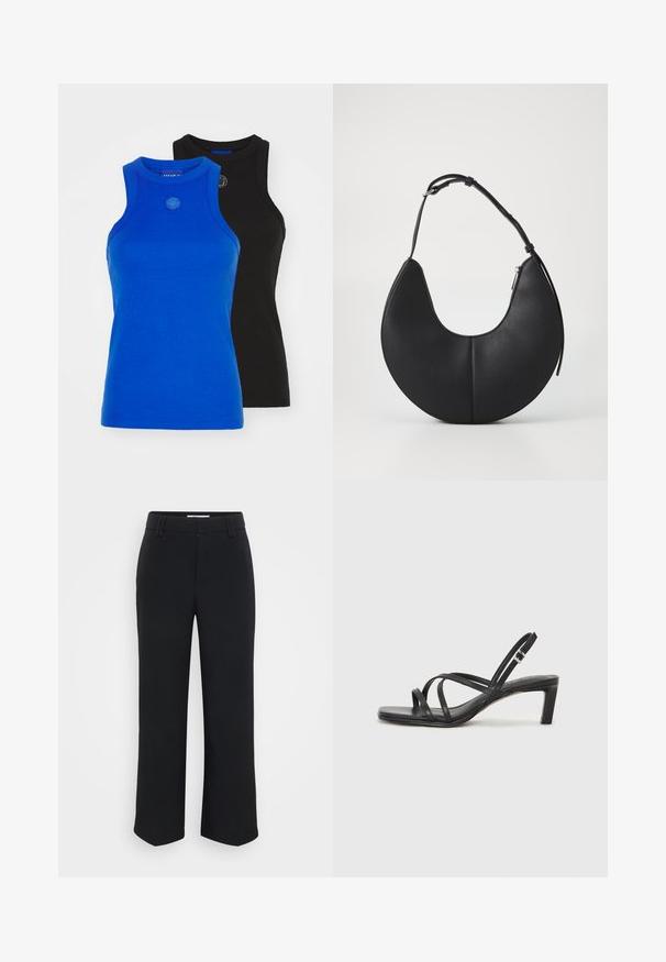 HUGO GIFT GIVING 2 PACK - Top - blue/black; Pantalones de pierna ancha negros con una textura suave, con una cintura plana y bolsillos laterales, diseñados con una estética minimalista.; Sandalia negra de tiras con punta cuadrada y tacón bajo de bloque. Presenta múltiples tiras delgadas y una correa ajustable en el tobillo. Fabricada en cuero suave.; Bolso de mano de cuero negro en forma de media luna con una textura suave, una única correa ajustable y un cierre de cremallera en el lateral.