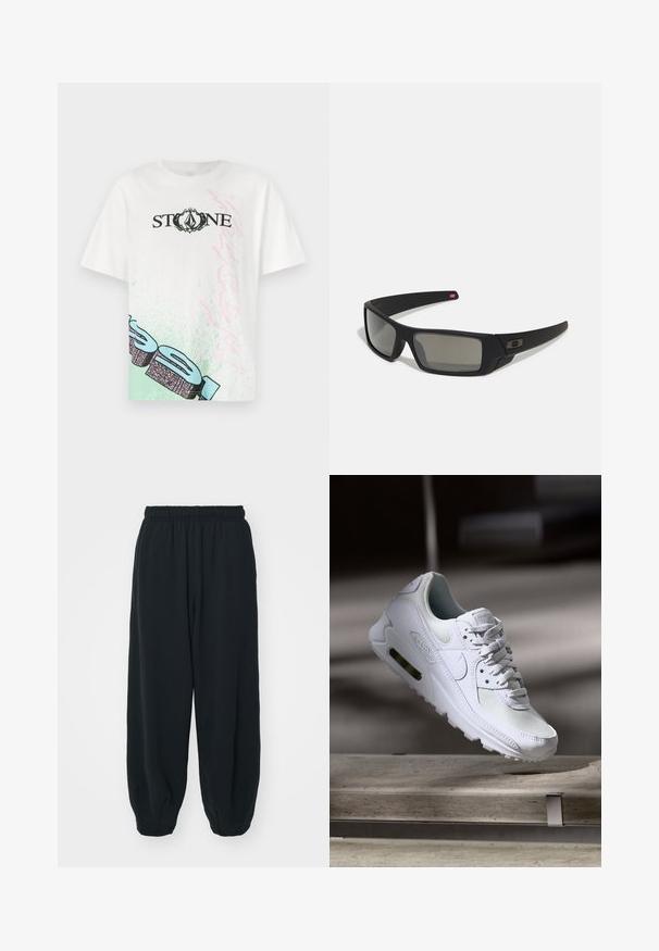White cotton t-shirt featuring "STONE" in black, with green and pink graphic accents on the front and a relaxed fit. Short sleeves.; Black, elasticated-waist sweatpants with a loose fit, cuffed ankles, smooth texture, and no visible patterns or hardware accents.; White Nike Air Max 90 sneaker featuring a mesh and leather upper, perforated toe box, and a visible air unit in the heel.; Black sunglasses with a matte finish, rectangular lenses, slight curve on temples, subtle logo detail, and smoke-tinted lenses.