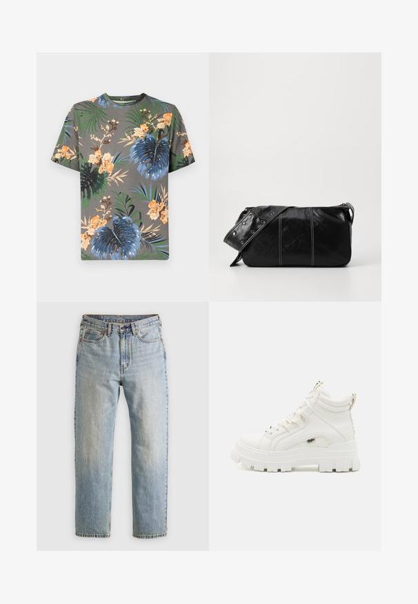 T-shirt a maniche corte in cotone grigio con stampa floreale tropicale in arancione, blu, verde e beige, che presenta vari motivi a foglia.; Jeans in denim azzurro chiaro con vita alta, bottone anteriore, cerniera e design a cinque tasche, adagiati su uno sfondo neutro.; Sneaker bianchi alte alla caviglia con finitura testurizzata, suola in gomma spessa e colletto imbottito. Presentano un design con lacci e un'accattivante accentatura con logo.; Borsa a spalla in pelle nera con chiusura a zip, caratterizzata da un corpo testurizzato, cuciture bianche e una tracolla con occhielli in argento.