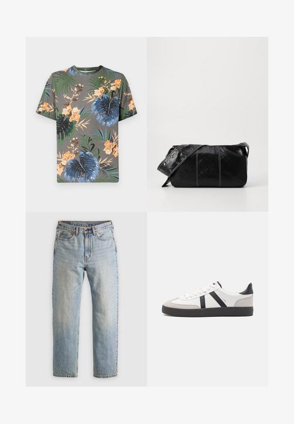 Korte mouwen t-shirt in grijs katoen met een tropische bloemenprint in oranje, blauw, groen en beige, met verschillende bladerenpatronen.; Lichtblauwe denim jeans met hoge taille, frontknop, rits en vijfzakkenontwerp, plat gelegd op een neutrale achtergrond.; Witte sneaker met zwarte en grijze accenten, voorzien van een grijze neus met textuur, zwarte rubberen zool en platte witte veters. Schoon ontwerp, minimalistische stijl.; Zwarte leren schoudertas met een ritsluiting, voorzien van een gestructureerd lichaam, witte stiksels en een band met zilveren oogjes.