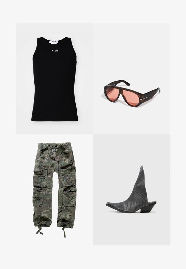 Top sin mangas negro con textura acanalada, escote redondo y logo "MSGM" en blanco en la parte frontal. Diseño de tela lisa, sin patrones.; Pantalones cargo de camuflaje, confeccionados en algodón, con múltiples bolsillos, puños elásticos y un corte holgado con cintura ajustable mediante cordón.; Mulas negras de tacón alto con punta afilada y un patrón texturizado de piel de serpiente. Presenta un tacón bajo y triangular y un diseño superior suave y curvado.; Gafas de sol carey con lentes rosa, que presentan un diseño angular audaz y finos acentos de hardware plateado en las monturas.