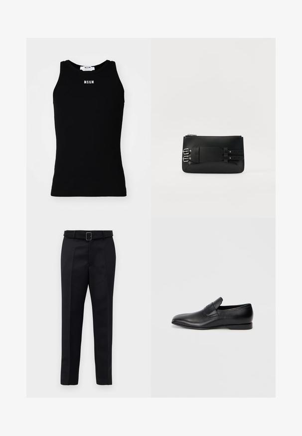 Top nero senza maniche con texture a costine, scollatura rotonda e logo "MSGM" in bianco sul davanti. Tessuto semplice, senza fantasie.; I pantaloni neri su misura presentano un tessuto liscio, una linea dritta e una vita con cintura dotata di una fibbia rettangolare. Le pieghe frontali notevoli arricchiscono il design.; Scarpa nera in pelle slip-on con punta affusolata, texture liscia e branding discreto sul lato. Tacco basso con un design pulito e minimalista.; Clutch bag in pelle nera con una texture liscia, dotata di hardware metallico e un dettaglio con fibbia sul retro. Chiusura con zip nella parte superiore.