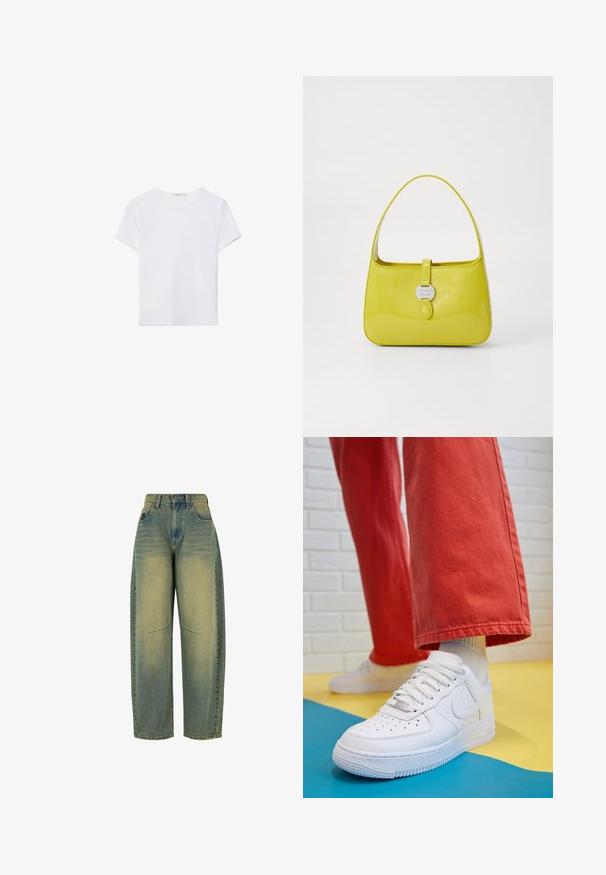 Weißes kurzärmliges T-Shirt aus weichem Stoff. Hat einen runden Halsausschnitt und ein einfaches, sauberes Design mit geradem Saum.; Weite Jeans aus Denim in Hellblau mit ausgewaschener Textur. Fünf Taschen und hohe Taille. Sauberer Saum und dezente Nähdetails.; Weiße Leder-Sneaker mit perforiertem Zehenbereich, strukturiertem Sohlen und weißen Schnürsenkeln, kombiniert mit weiten roten Hosen und einem blauen und gelben Hintergrund.; Gelbe lackierte Leder-Handtasche mit strukturiertem Design, einem oberen Griff und einem vorderen Druckverschluss, der mit einem kreisförmigen Metall-Logo-Akzent versehen ist.