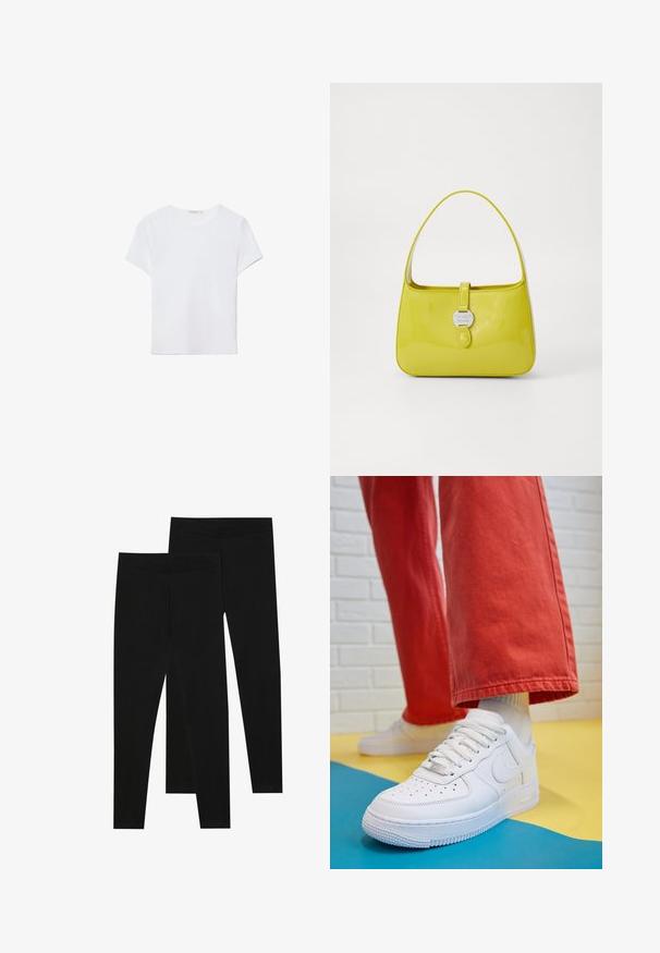 Weißes kurzärmliges T-Shirt aus weichem Stoff. Hat einen runden Halsausschnitt und ein einfaches, sauberes Design mit geradem Saum.; Schwarze Leggings aus dehnbarem Stoff, mit einem nahtlosen Bund und einer schmalen Passform, geeignet für Freizeit oder Sport.; Weiße Leder-Sneaker mit perforiertem Zehenbereich, strukturiertem Sohlen und weißen Schnürsenkeln, kombiniert mit weiten roten Hosen und einem blauen und gelben Hintergrund.; Gelbe lackierte Leder-Handtasche mit strukturiertem Design, einem oberen Griff und einem vorderen Druckverschluss, der mit einem kreisförmigen Metall-Logo-Akzent versehen ist.