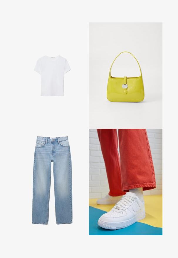 Bílá tričko s krátkým rukávem vyrobené z měkké látky. Má kulatý výstřih a jednoduchý, čistý design s rovnou spodní částí.; Světle modré denimové džíny se střihnutím rovného nohavice, v pěti kapsách a viditelnými švy. Materiál je měkký a má jemně vybledlý vzhled.; Bílé kožené tenisky s perforovanou špičkou, texturovanou podešví a bílými tkaničkami, v kombinaci s širokými červenými kalhotami a modro-žlutým pozadím.; Žlutá lakovaná kabelka se strukturovaným tvarem, horním uchem a předním uzavíráním na patent s kruhovým kovovým logem.
