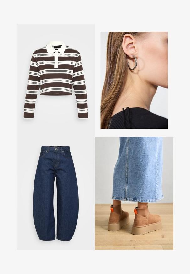Brun og hvid stribet langærmet polo skjorte med krave, tre-knap lukning og cropped kant. Blødt stof med horisontale striber.; Mørkeblå denimjeans med en bred, afslappet pasform. Har lynlås, fire lommer og kontrastsyet syning langs sømmene.; Brune ruskinds platform støvler med elastiske sidepaneler og orange trækstropper, parret med en knælang lys denimnederdel på et trægulv.; Sølv hoop ørestik med en poleret overflade, prydet med små guld accenter og en rund form, båret på øreflippen.