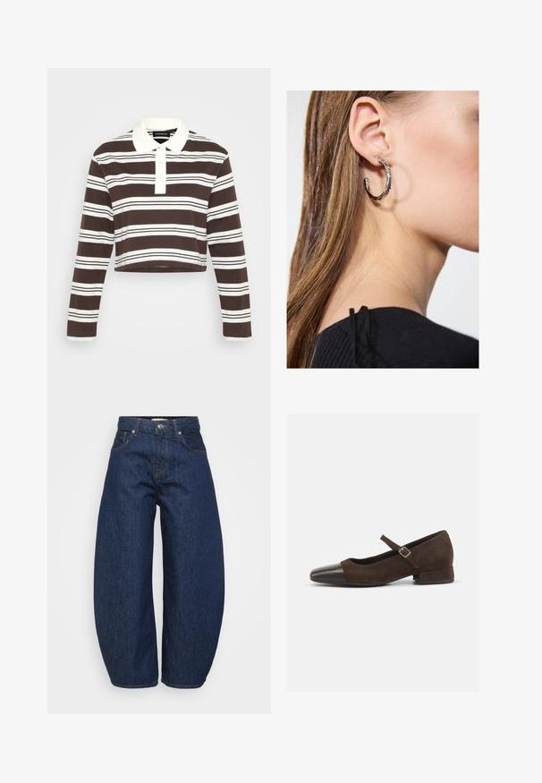 Brun og hvid stribet langærmet polo skjorte med krave, tre-knap lukning og cropped kant. Blødt stof med horisontale striber.; Mørkeblå denimjeans med en bred, afslappet pasform. Har lynlås, fire lommer og kontrastsyet syning langs sømmene.; Brun ruskind Mary Jane-sko med en sort laklæder tåhætte, justerbar rem og en lav blokhæl. Glat tekstur med minimale detaljer.; Sølv hoop ørestik med en poleret overflade, prydet med små guld accenter og en rund form, båret på øreflippen.
